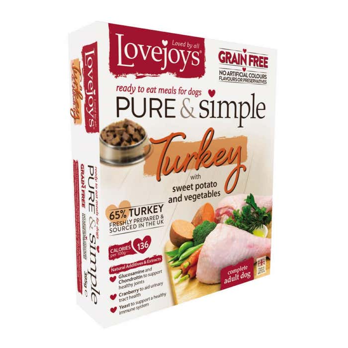 Lovejoys Pure & Simple Grain Free Adult Wet Dog Food Turkey with Veg 10x395g Trays | Animed