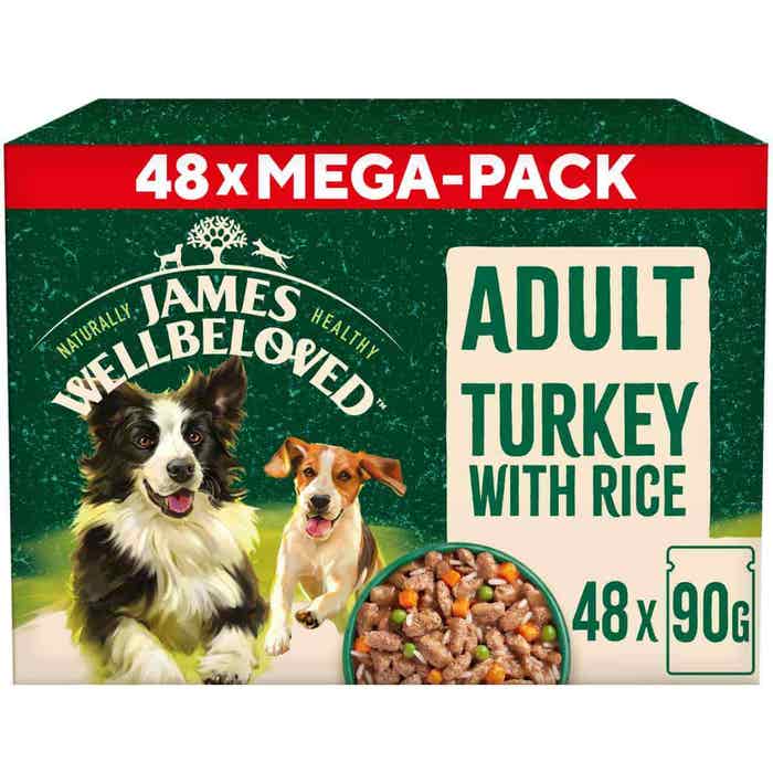 James Wellbeloved Adult Dog Wet Food - Turkey with Rice and Veg in Gravy 48x90g Pouches