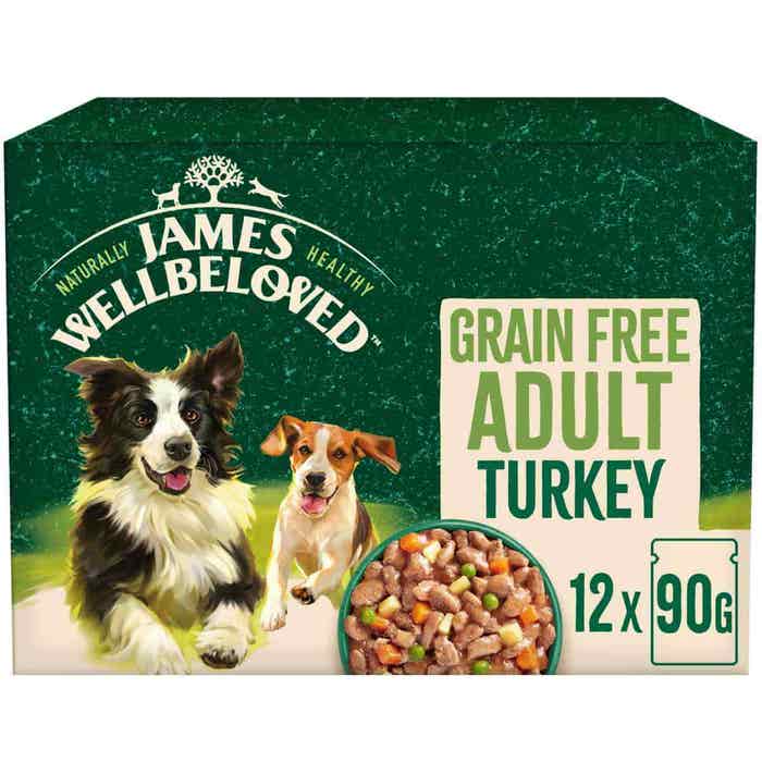 James Wellbeloved Grain Free Adult Dog Wet Food - Turkey with Veg in Gravy 12x90g Pouches