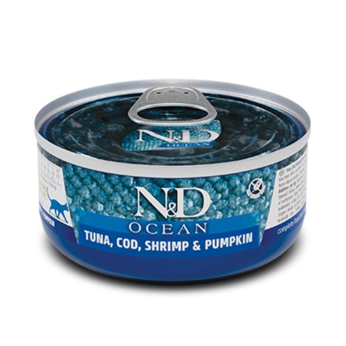 Farmina N&D Ocean Adult Wet Cat Food Tuna, Cod, Shrimp & Pumpkin 30x70g Cans | Animed