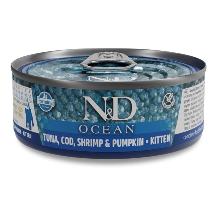 Farmina N&D Ocean Kitten Wet Food Tuna, Cod, Shrimp & Pumpkin 30x70g Cans | Animed