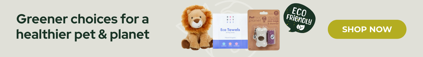 Product pictures of sustainable toy, towel & dog bags with 'Greener choices for a healthier pet & planet' text